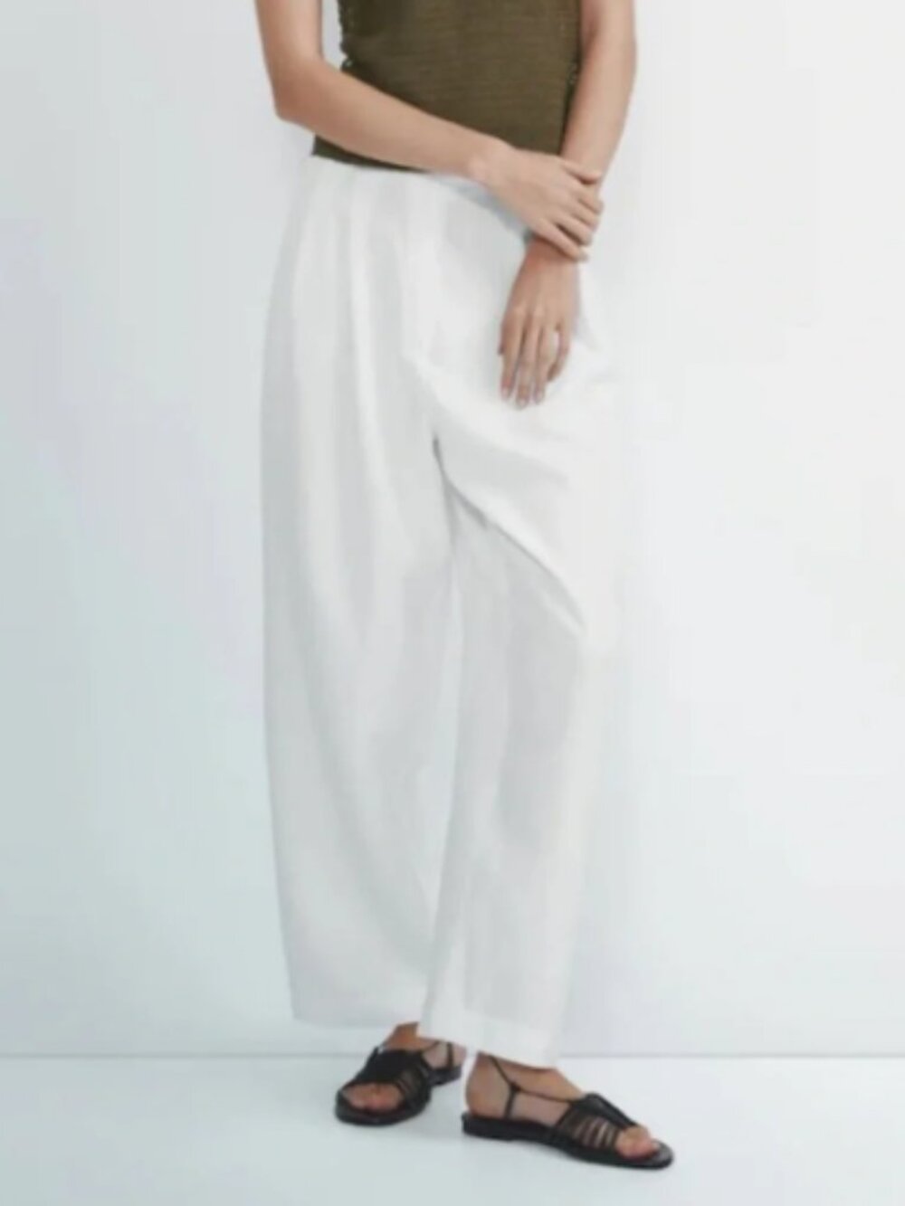 Massimo Dutti White Linen Blend Pleated Trousers High Rise Size 8